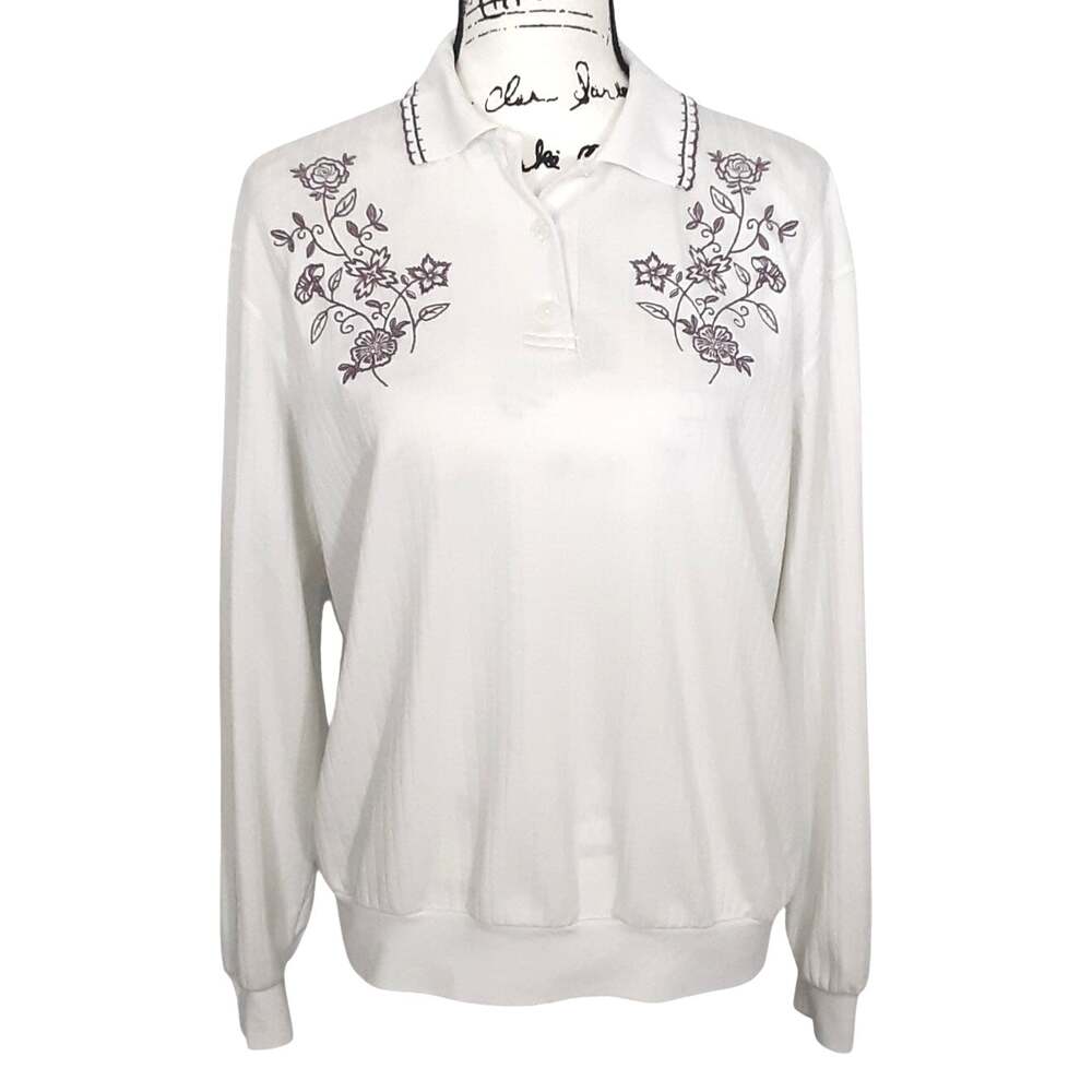 Vintage 80s Collared Sweatshirt Purple Floral Embroidered Cream Ribbed L Grandma